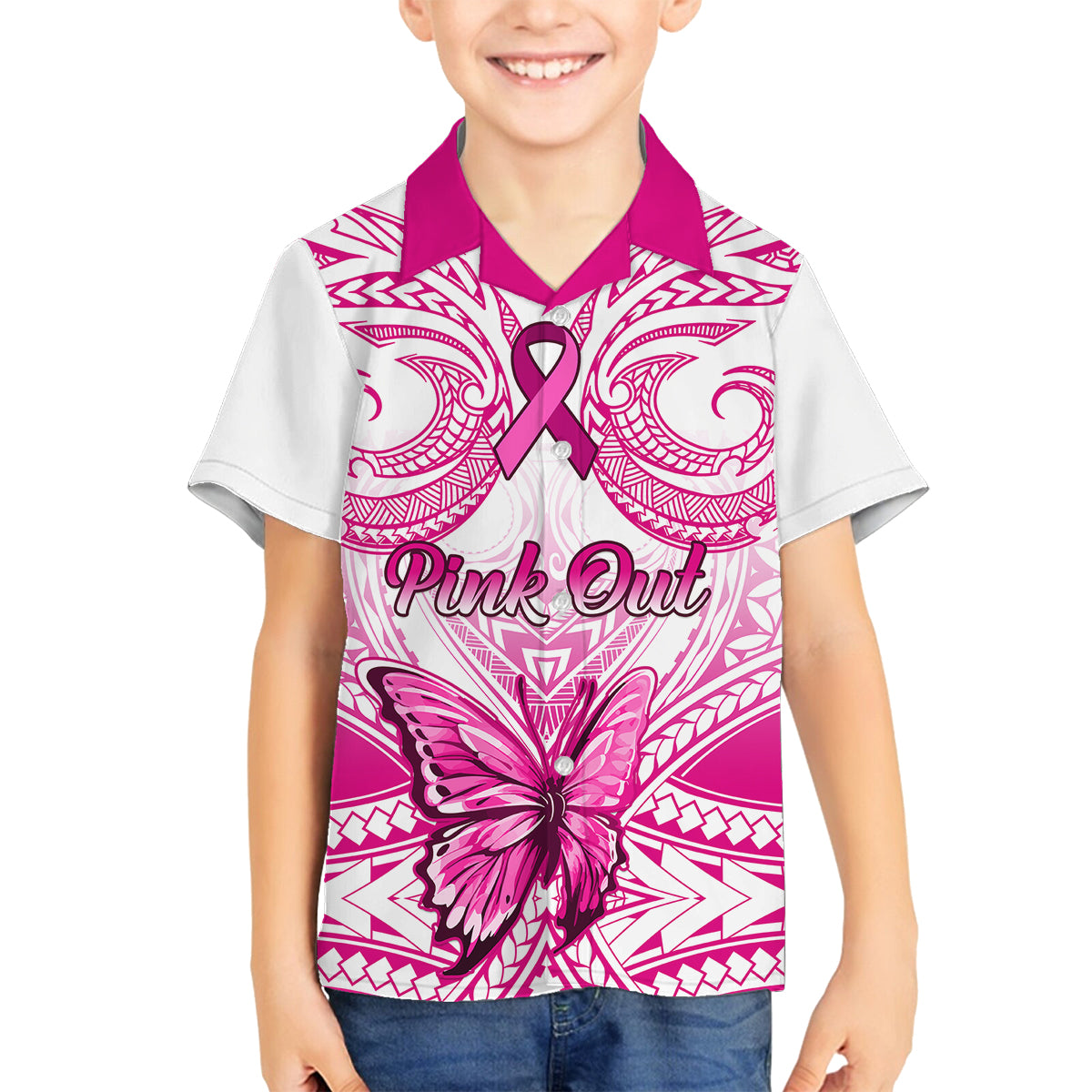 personalised-pink-out-family-matching-tank-maxi-dress-and-hawaiian-shirt-breast-cancer-awareness-polynesian-pattern-white-version
