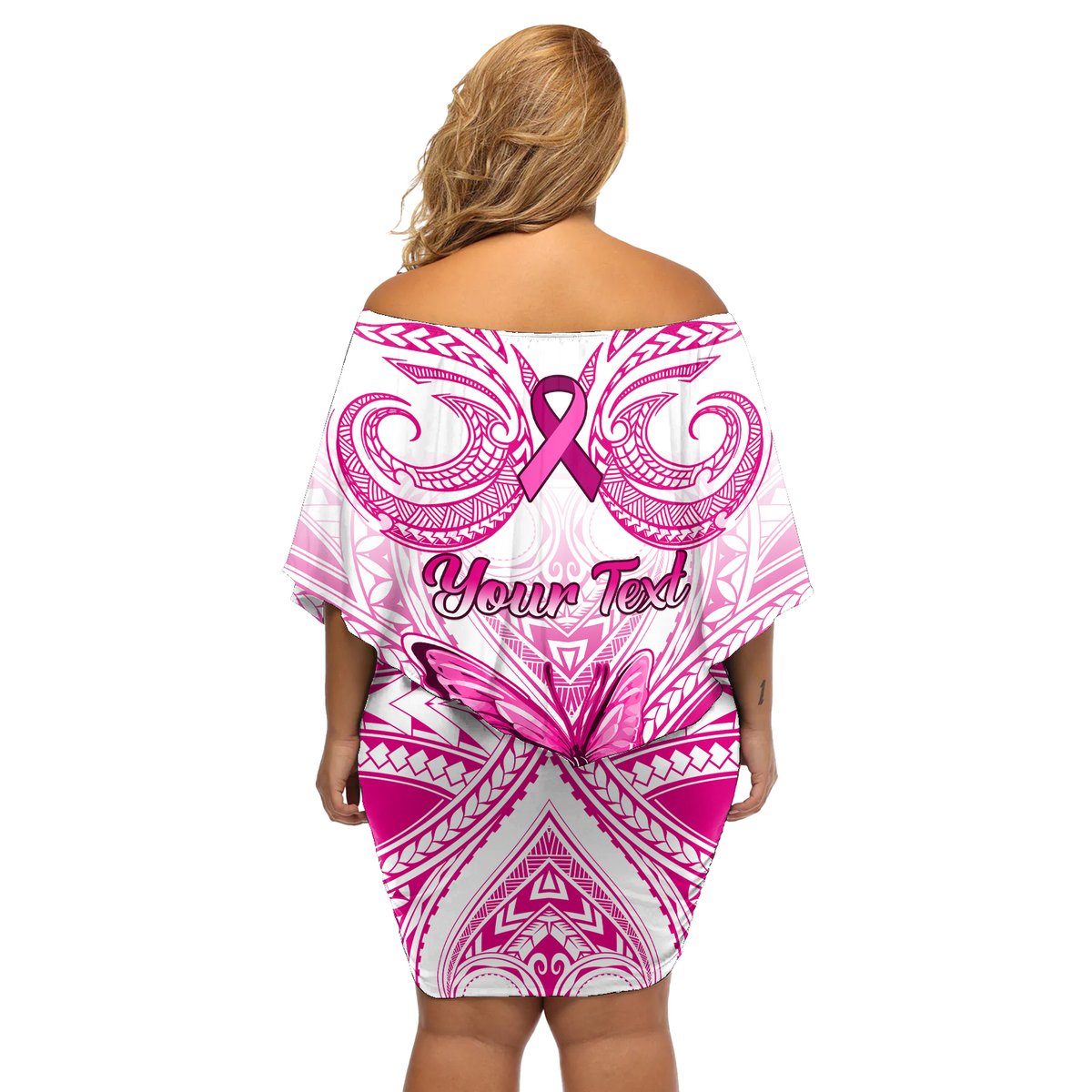 personalised-pink-out-off-shoulder-short-dress-breast-cancer-awareness-polynesian-pattern-white-version