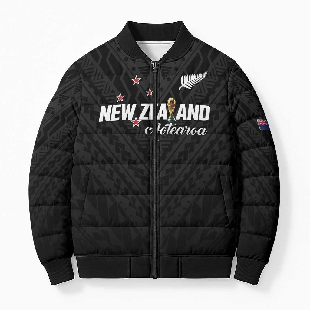 Custom Football New Zealand Bomber Puffer Jacket Aotearoa United Black Version LT01 Unisex Black - Polynesian Pride
