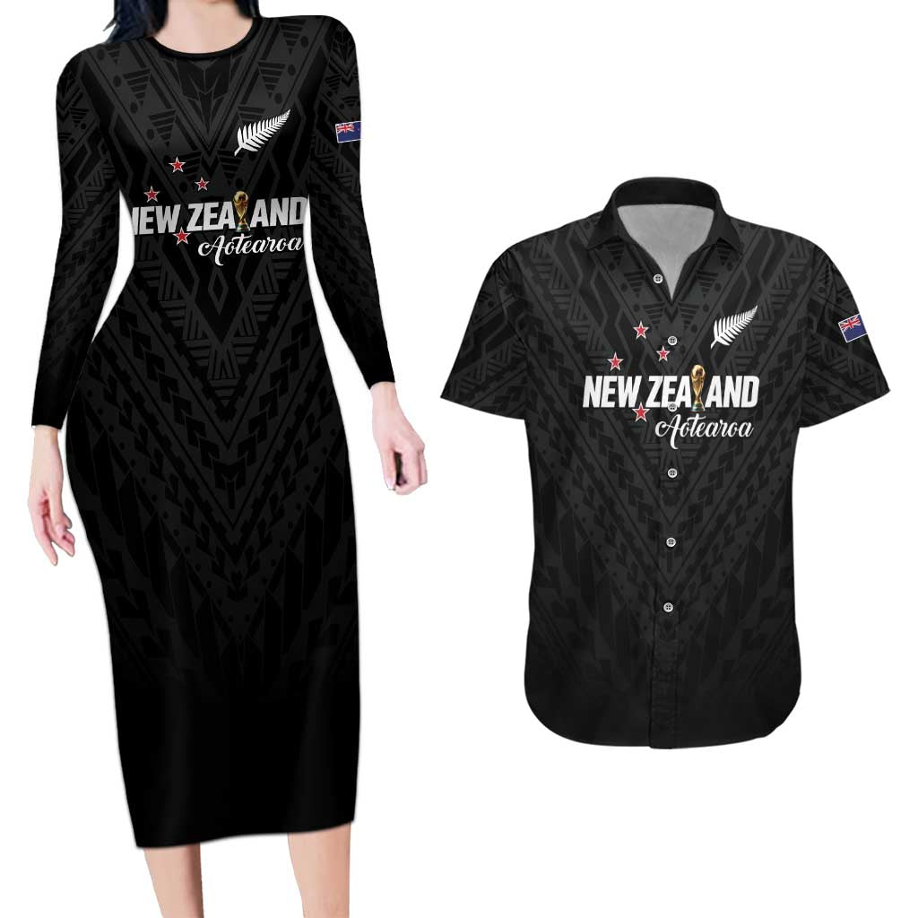 Custom Football New Zealand Couples Matching Long Sleeve Bodycon Dress and Hawaiian Shirt Aotearoa United Black Version LT01 Black - Polynesian Pride