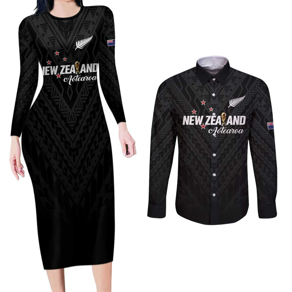 Custom Football New Zealand Couples Matching Long Sleeve Bodycon Dress and Long Sleeve Button Shirt Aotearoa United Black Version LT01 Black - Polynesian Pride