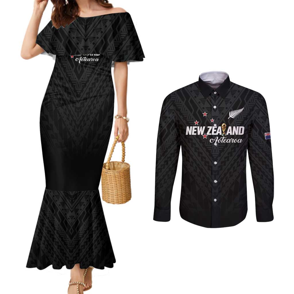 Custom Football New Zealand Couples Matching Mermaid Dress and Long Sleeve Button Shirt Aotearoa United Black Version LT01 Black - Polynesian Pride