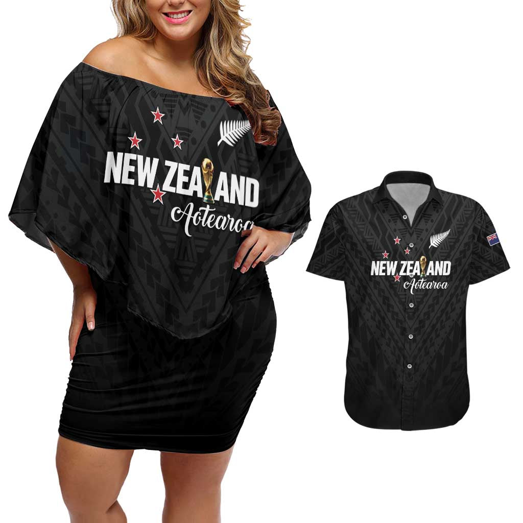 Custom Football New Zealand Couples Matching Off Shoulder Short Dress and Hawaiian Shirt Aotearoa United Black Version LT01 Black - Polynesian Pride