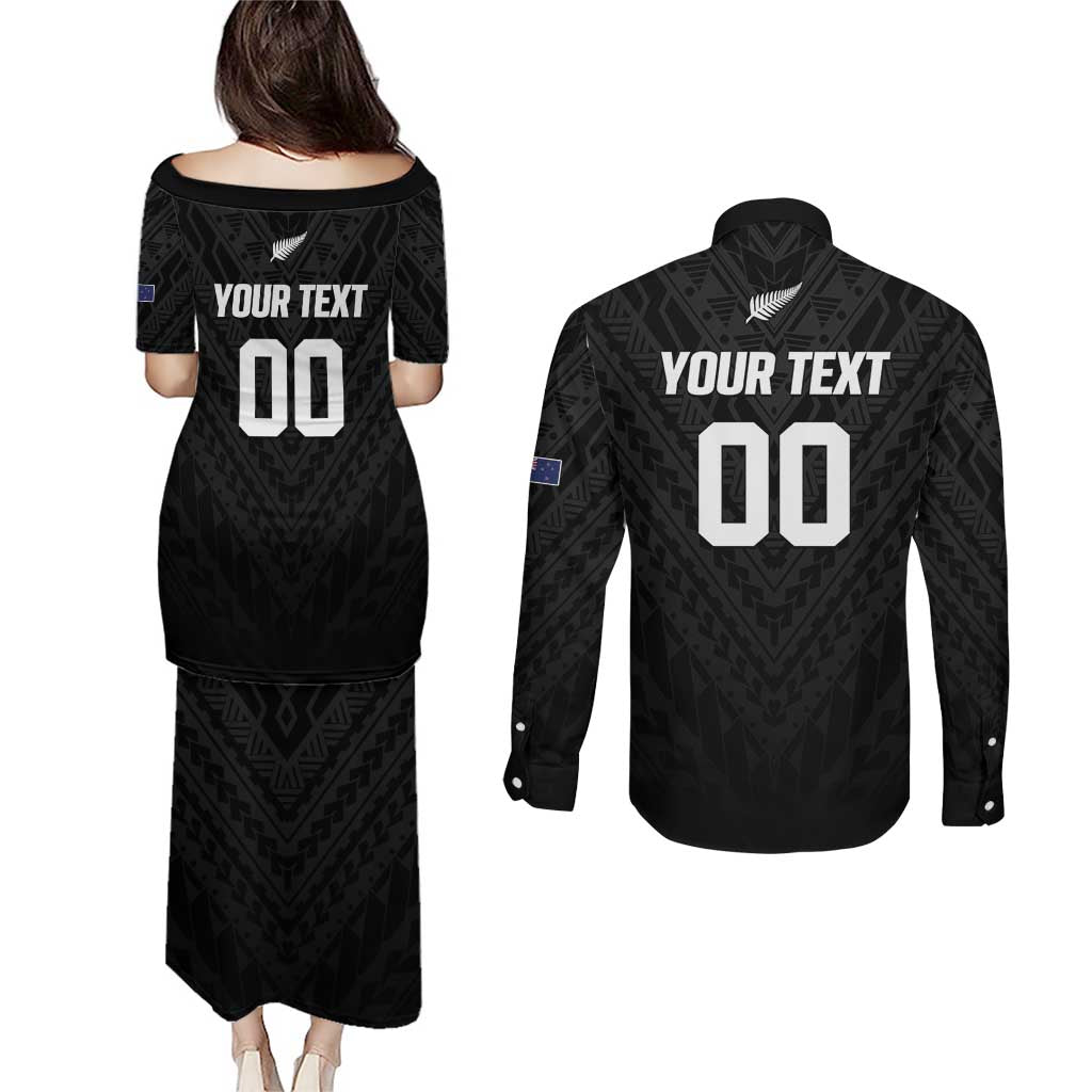 Custom Football New Zealand Couples Matching Puletasi and Long Sleeve Button Shirt Aotearoa United Black Version - Polynesian Pride