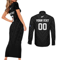 Custom Football New Zealand Couples Matching Short Sleeve Bodycon Dress and Long Sleeve Button Shirt Aotearoa United Black Version LT01 - Polynesian Pride