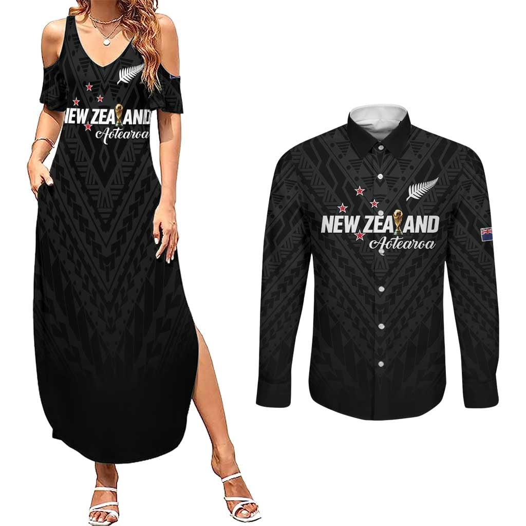 Custom Football New Zealand Couples Matching Summer Maxi Dress and Long Sleeve Button Shirt Aotearoa United Black Version LT01 Black - Polynesian Pride