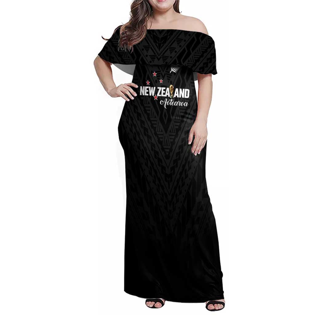 Custom Football New Zealand Family Matching Off Shoulder Maxi Dress and Hawaiian Shirt Aotearoa United Black Version LT01 Mom's Dress Black - Polynesian Pride