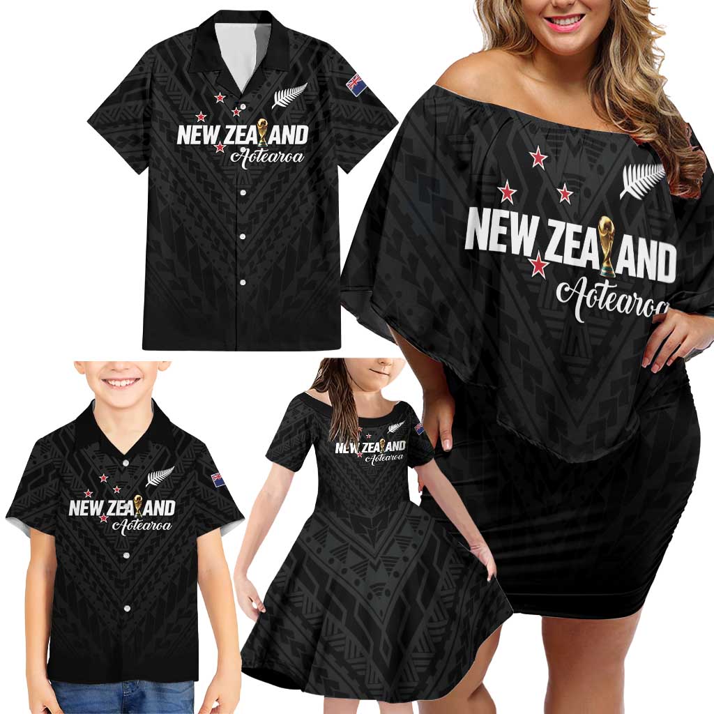 Custom Football New Zealand Family Matching Off Shoulder Short Dress and Hawaiian Shirt Aotearoa United Black Version - Polynesian Pride