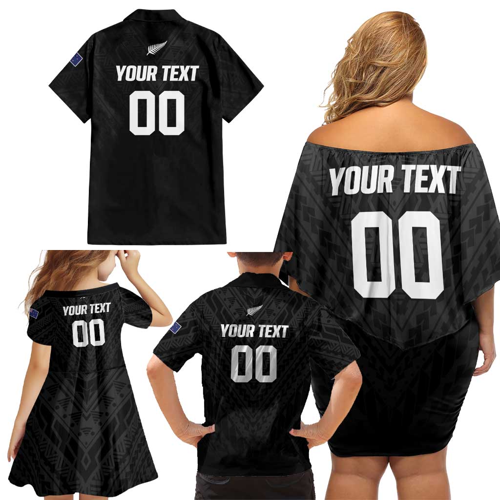 Custom Football New Zealand Family Matching Off Shoulder Short Dress and Hawaiian Shirt Aotearoa United Black Version LT01 - Polynesian Pride