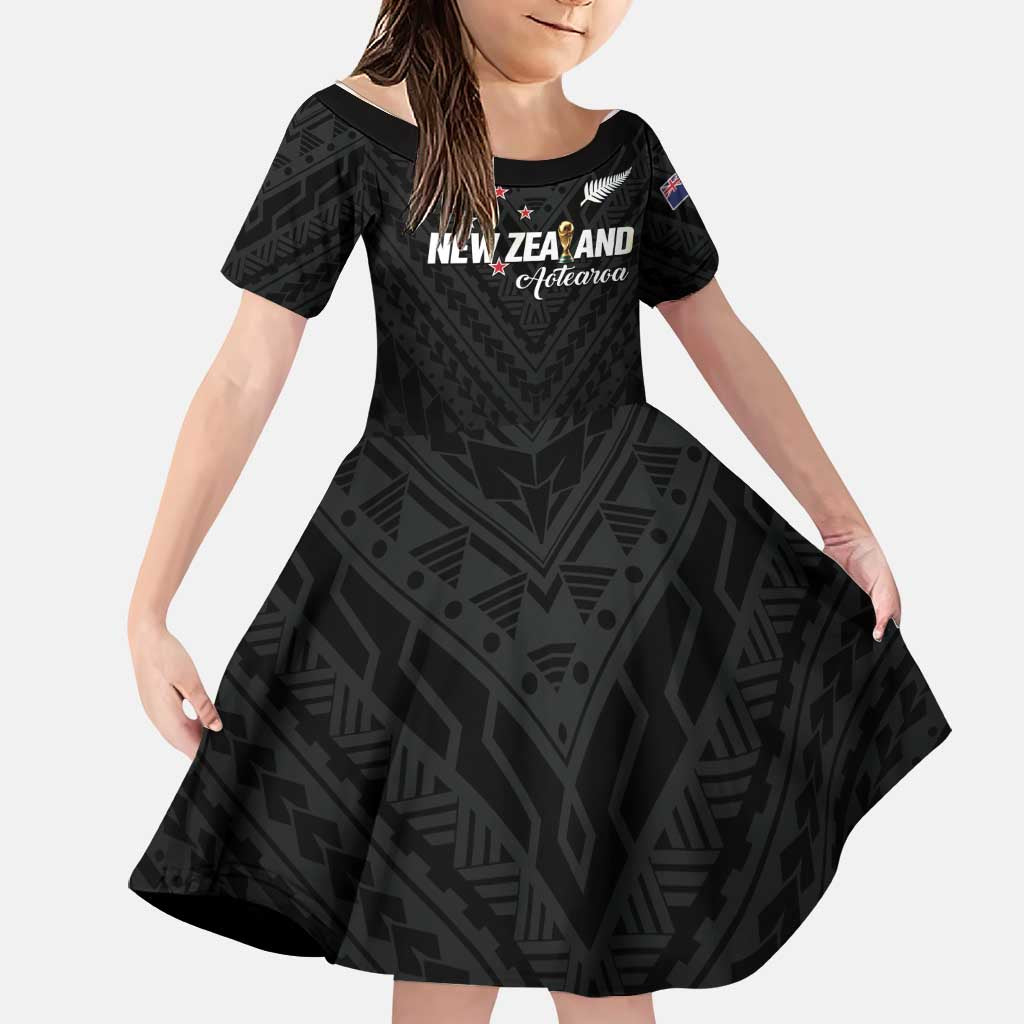 Custom Football New Zealand Family Matching Puletasi and Hawaiian Shirt Aotearoa United Black Version LT01 Daughter's Dress Black - Polynesian Pride