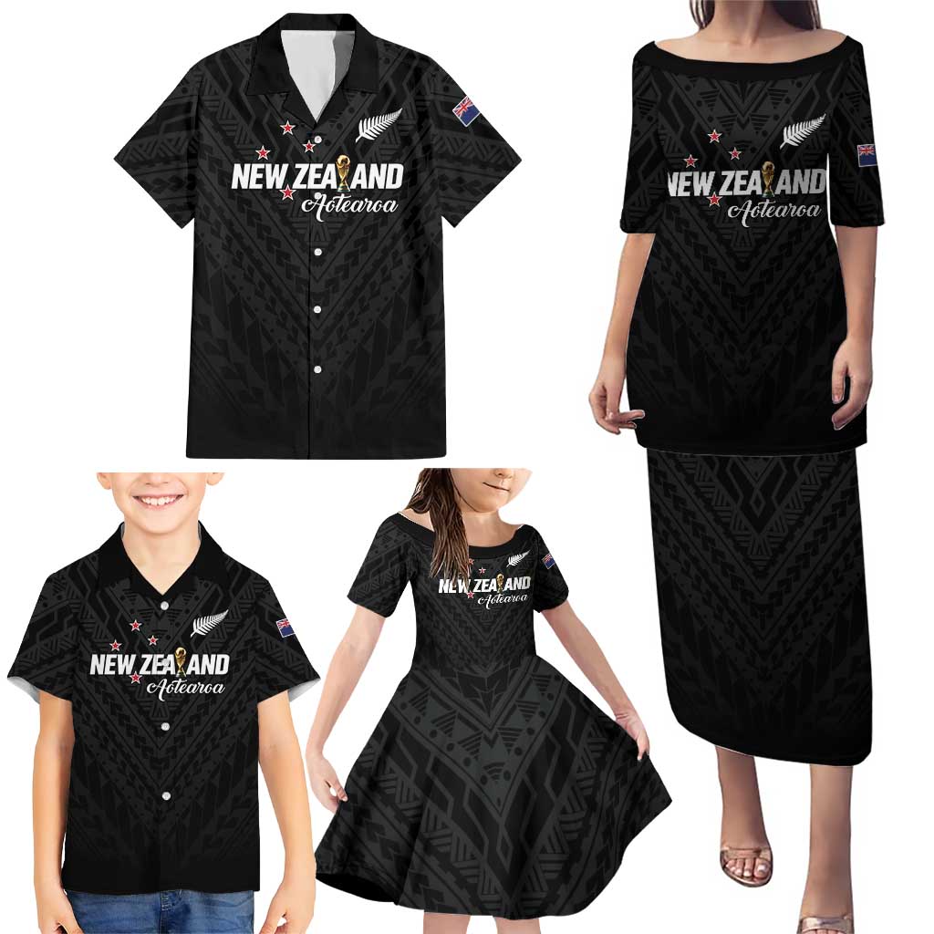 Custom Football New Zealand Family Matching Puletasi and Hawaiian Shirt Aotearoa United Black Version LT01 - Polynesian Pride