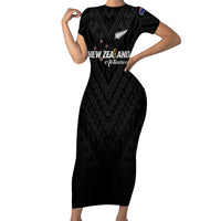 Custom Football New Zealand Family Matching Short Sleeve Bodycon Dress and Hawaiian Shirt Aotearoa United Black Version LT01 Mom's Dress Black - Polynesian Pride
