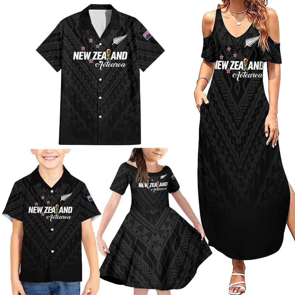 Custom Football New Zealand Family Matching Summer Maxi Dress and Hawaiian Shirt Aotearoa United Black Version - Polynesian Pride