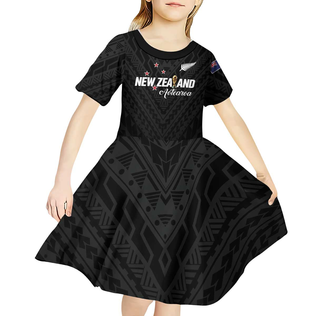 Custom Football New Zealand Kid Short Sleeve Dress Aotearoa United Black Version - Polynesian Pride