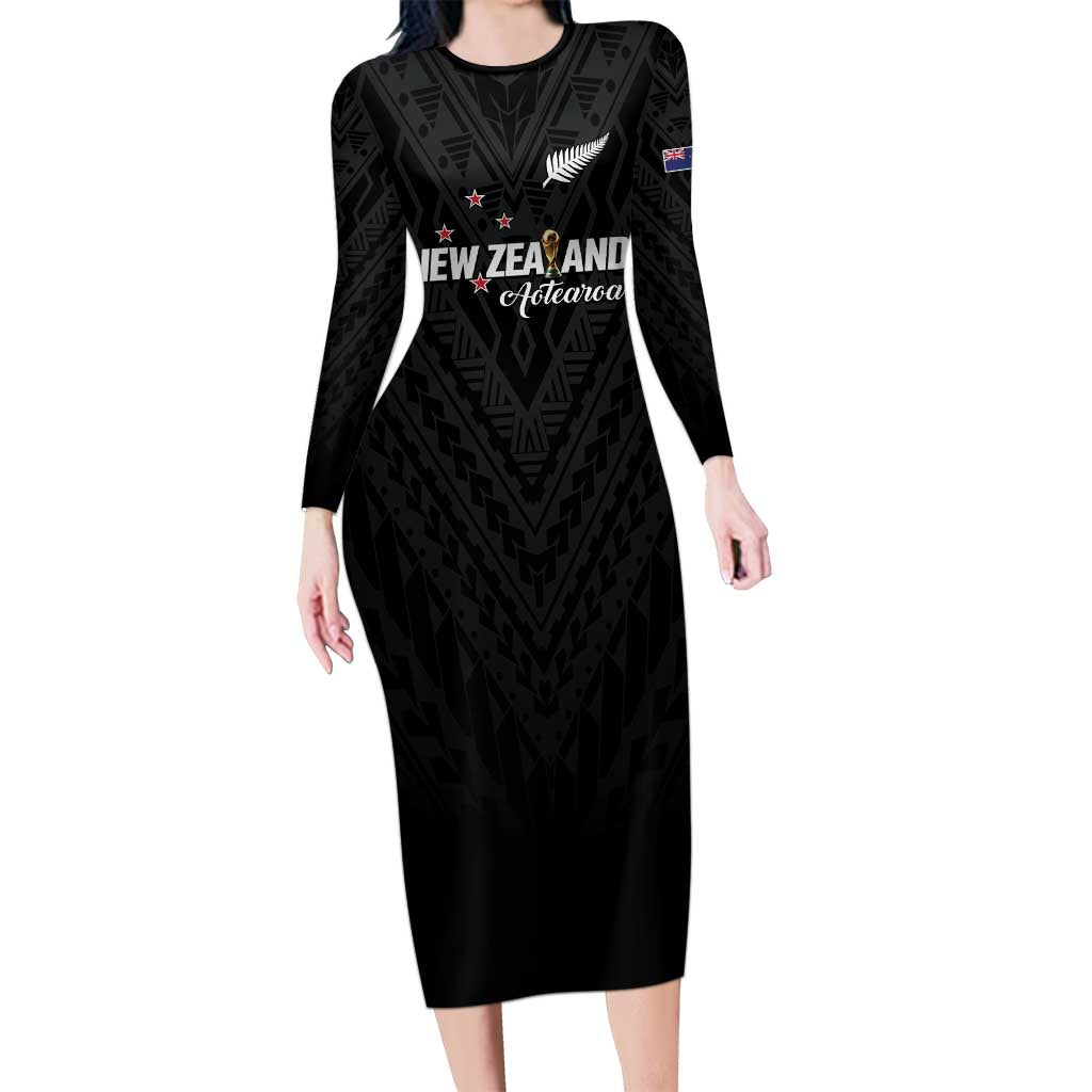 Custom Football New Zealand Long Sleeve Bodycon Dress Aotearoa United Black Version - Polynesian Pride