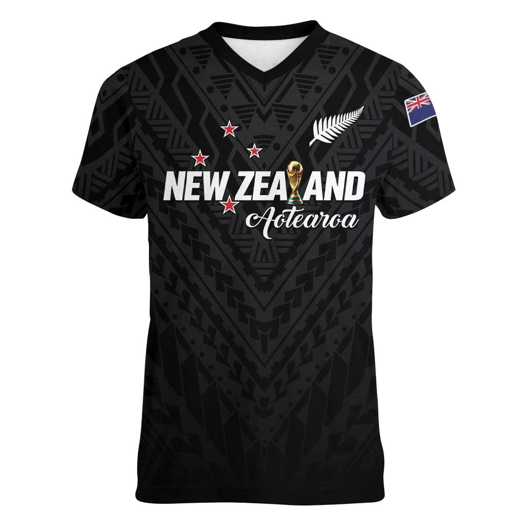 Custom Football New Zealand Women V-Neck T-Shirt Aotearoa United Black Version LT01 Female Black - Polynesian Pride