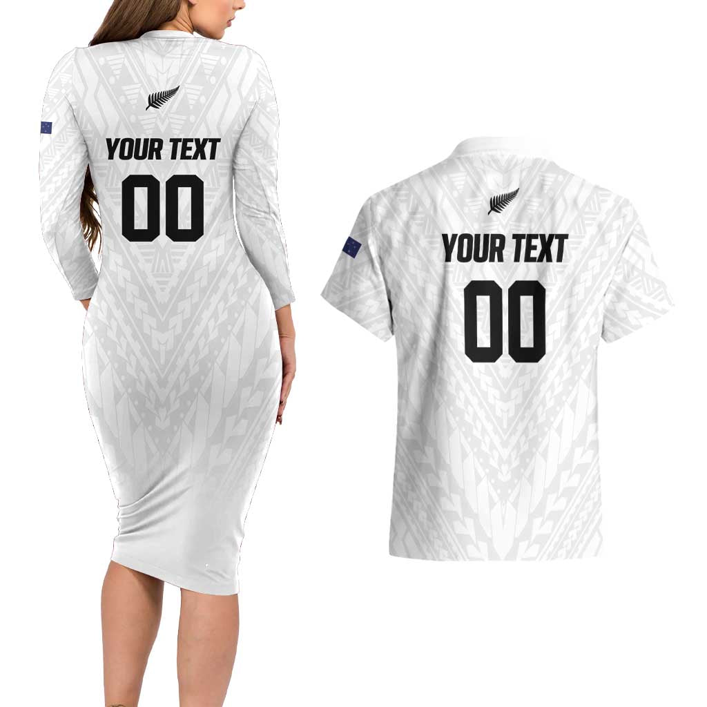 Custom Football New Zealand Couples Matching Long Sleeve Bodycon Dress and Hawaiian Shirt Aotearoa United White Version LT01 - Polynesian Pride