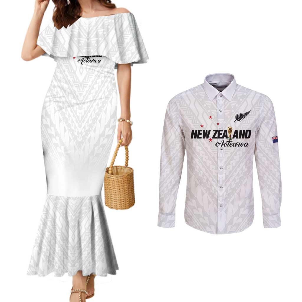 Custom Football New Zealand Couples Matching Mermaid Dress and Long Sleeve Button Shirt Aotearoa United White Version LT01 White - Polynesian Pride