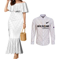 Custom Football New Zealand Couples Matching Mermaid Dress and Long Sleeve Button Shirt Aotearoa United White Version LT01 White - Polynesian Pride