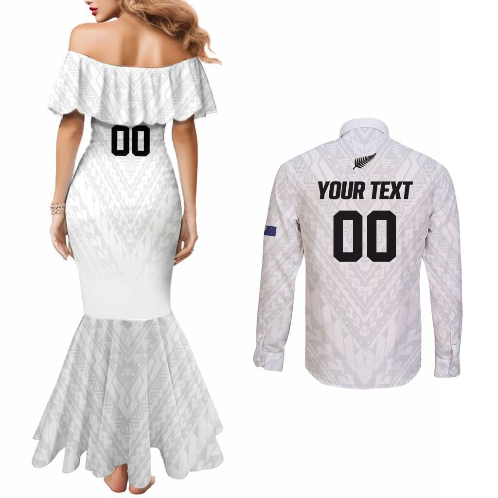 Custom Football New Zealand Couples Matching Mermaid Dress and Long Sleeve Button Shirt Aotearoa United White Version LT01 - Polynesian Pride