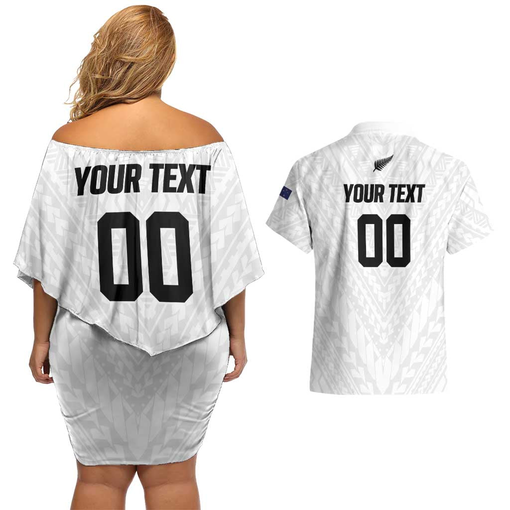Custom Football New Zealand Couples Matching Off Shoulder Short Dress and Hawaiian Shirt Aotearoa United White Version LT01 - Polynesian Pride