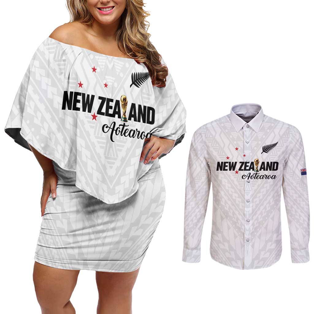 Custom Football New Zealand Couples Matching Off Shoulder Short Dress and Long Sleeve Button Shirt Aotearoa United White Version LT01 White - Polynesian Pride