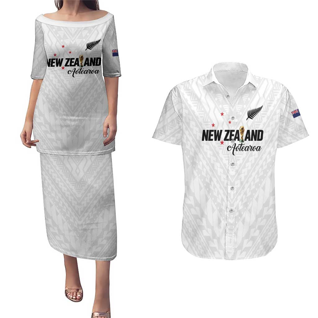 Custom Football New Zealand Couples Matching Puletasi and Hawaiian Shirt Aotearoa United White Version LT01 White - Polynesian Pride