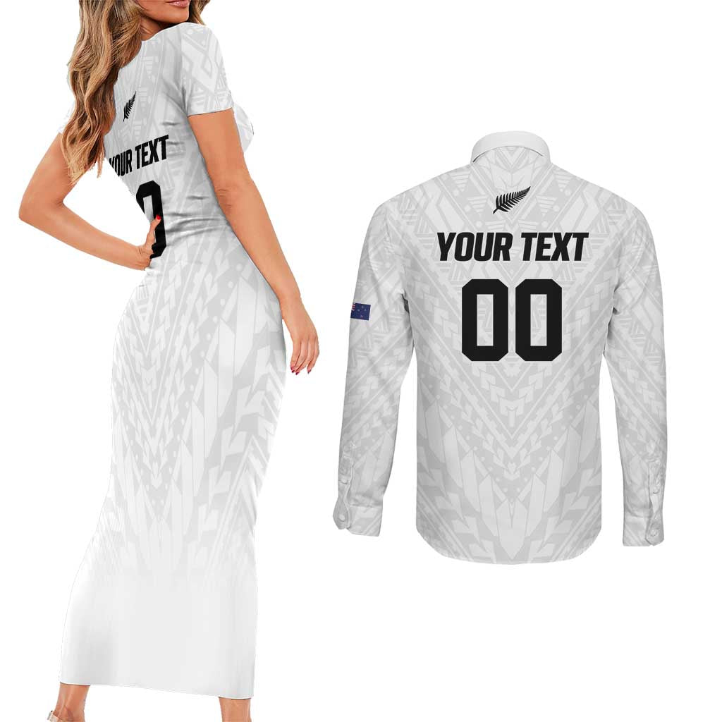Custom Football New Zealand Couples Matching Short Sleeve Bodycon Dress and Long Sleeve Button Shirt Aotearoa United White Version LT01 - Polynesian Pride