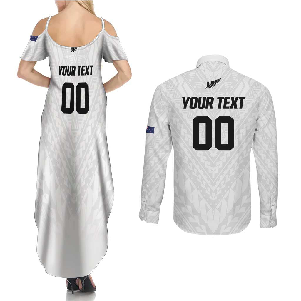 Custom Football New Zealand Couples Matching Summer Maxi Dress and Long Sleeve Button Shirt Aotearoa United White Version LT01 - Polynesian Pride