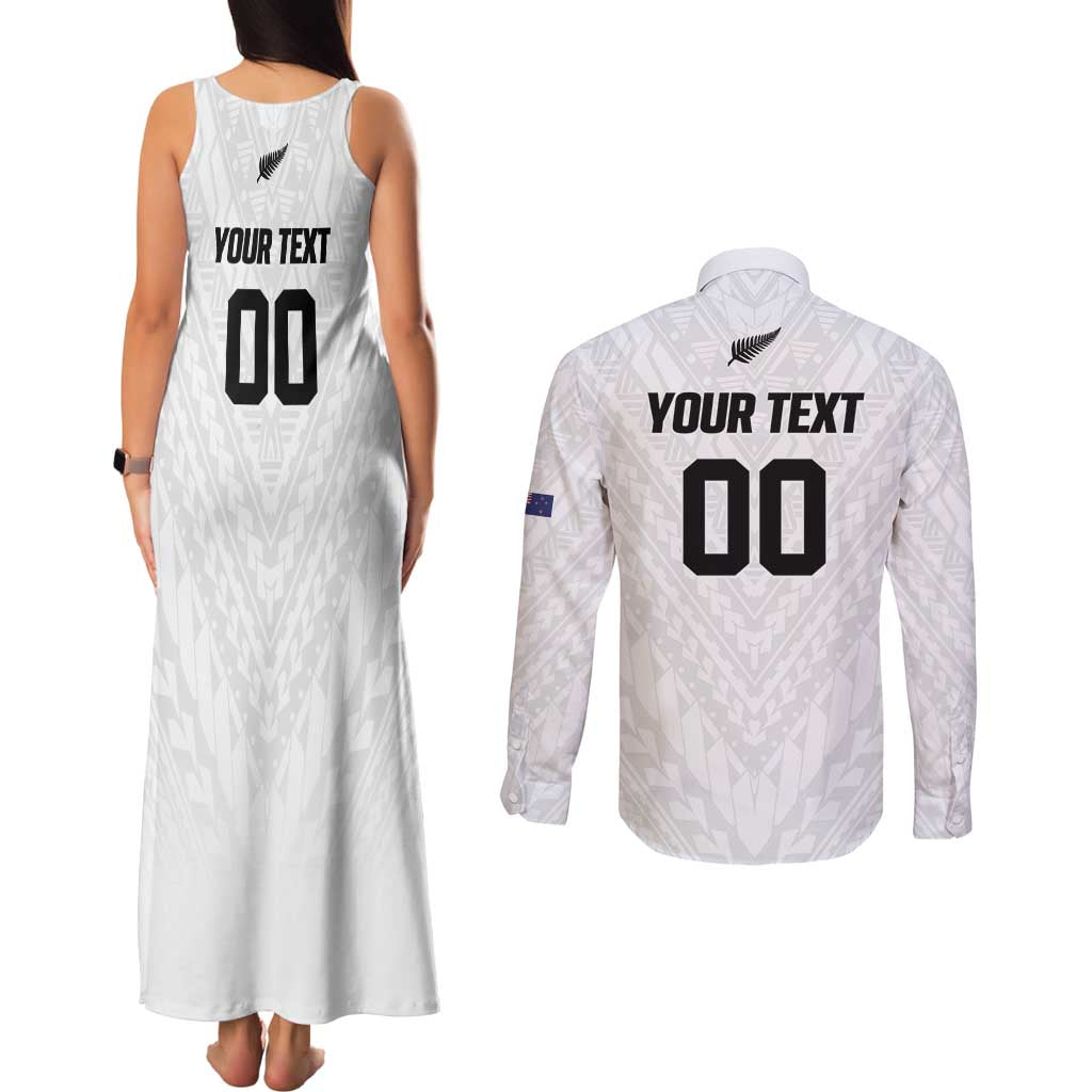 Custom Football New Zealand Couples Matching Tank Maxi Dress and Long Sleeve Button Shirt Aotearoa United White Version LT01 - Polynesian Pride