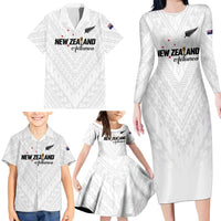 Custom Football New Zealand Family Matching Long Sleeve Bodycon Dress and Hawaiian Shirt Aotearoa United White Version LT01 - Polynesian Pride