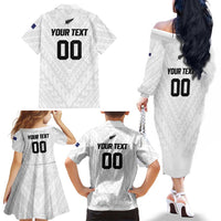 Custom Football New Zealand Family Matching Off The Shoulder Long Sleeve Dress and Hawaiian Shirt Aotearoa United White Version LT01 - Polynesian Pride