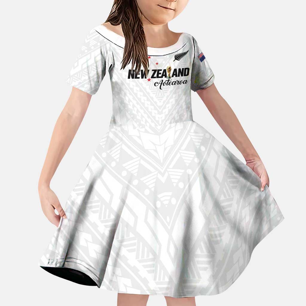 Custom Football New Zealand Family Matching Off Shoulder Maxi Dress and Hawaiian Shirt Aotearoa United White Version LT01 Daughter's Dress White - Polynesian Pride
