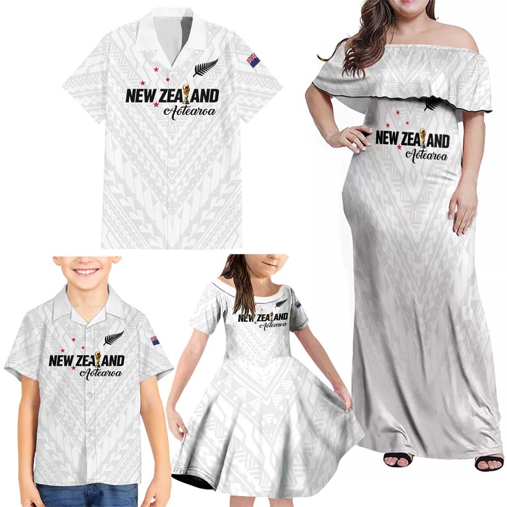 Custom Football New Zealand Family Matching Off Shoulder Maxi Dress and Hawaiian Shirt Aotearoa United White Version - Polynesian Pride