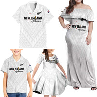 Custom Football New Zealand Family Matching Off Shoulder Maxi Dress and Hawaiian Shirt Aotearoa United White Version LT01 - Polynesian Pride