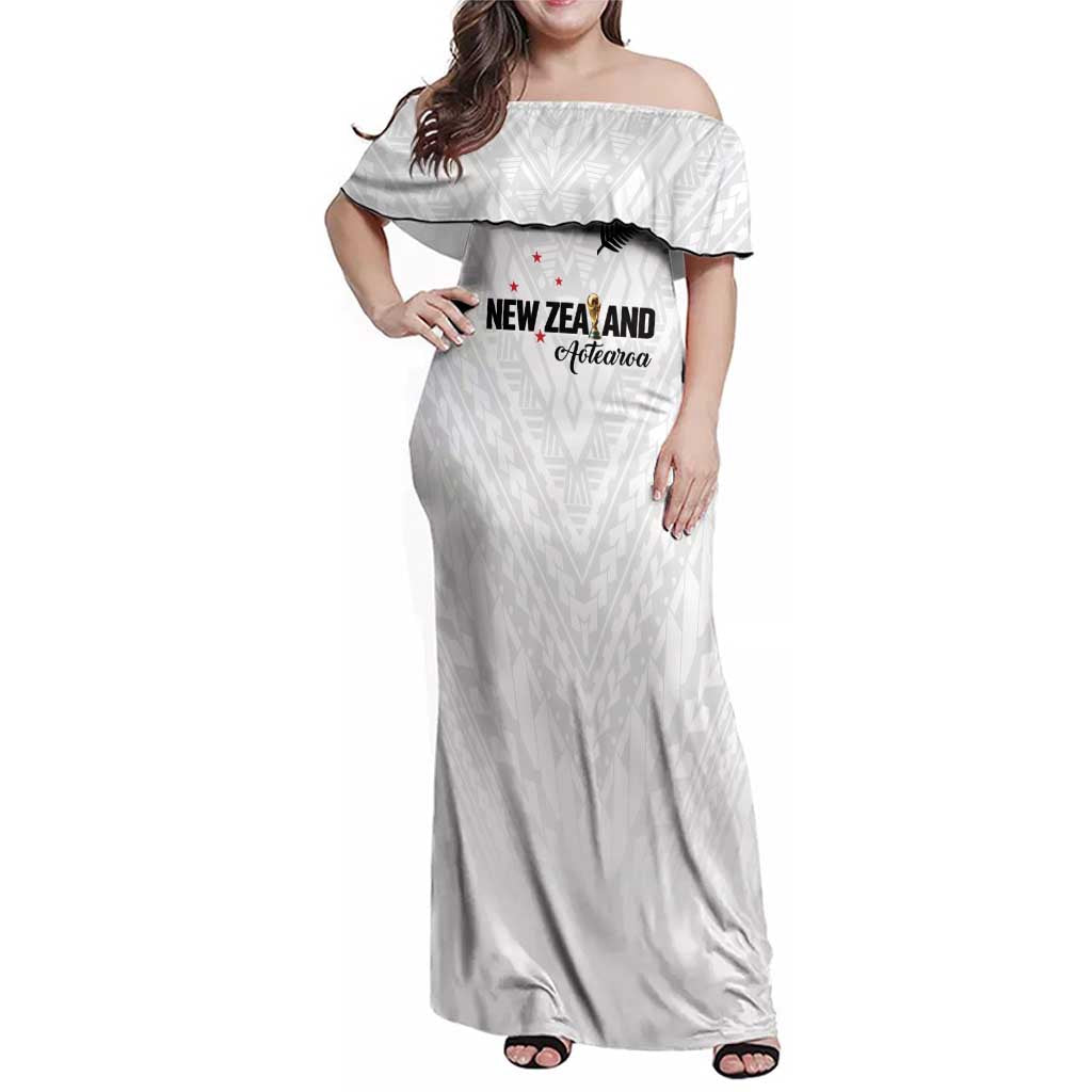 Custom Football New Zealand Family Matching Off Shoulder Maxi Dress and Hawaiian Shirt Aotearoa United White Version LT01 Mom's Dress White - Polynesian Pride