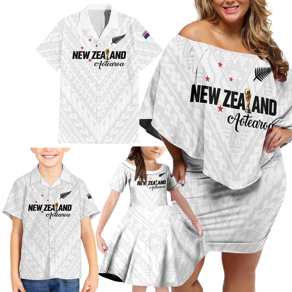 Custom Football New Zealand Family Matching Off Shoulder Short Dress and Hawaiian Shirt Aotearoa United White Version LT01 - Polynesian Pride