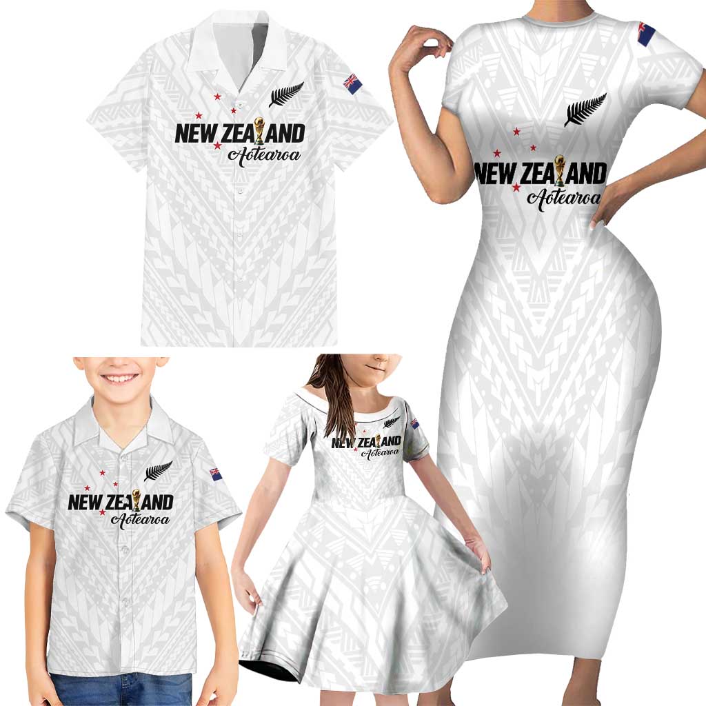 Custom Football New Zealand Family Matching Short Sleeve Bodycon Dress and Hawaiian Shirt Aotearoa United White Version - Polynesian Pride