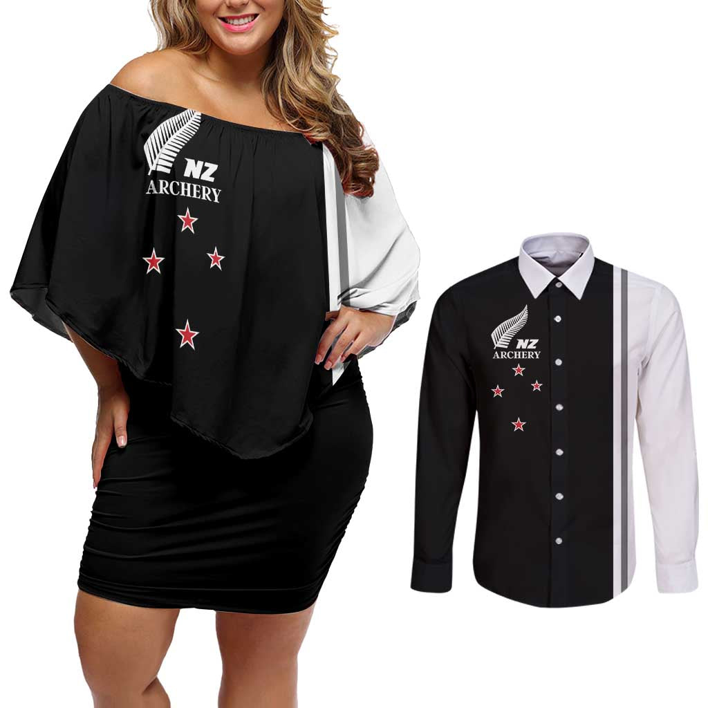 Personalised New Zealand 2025 Archery Basic Couples Matching Off Shoulder Short Dress and Long Sleeve Button Shirt Archery NZ