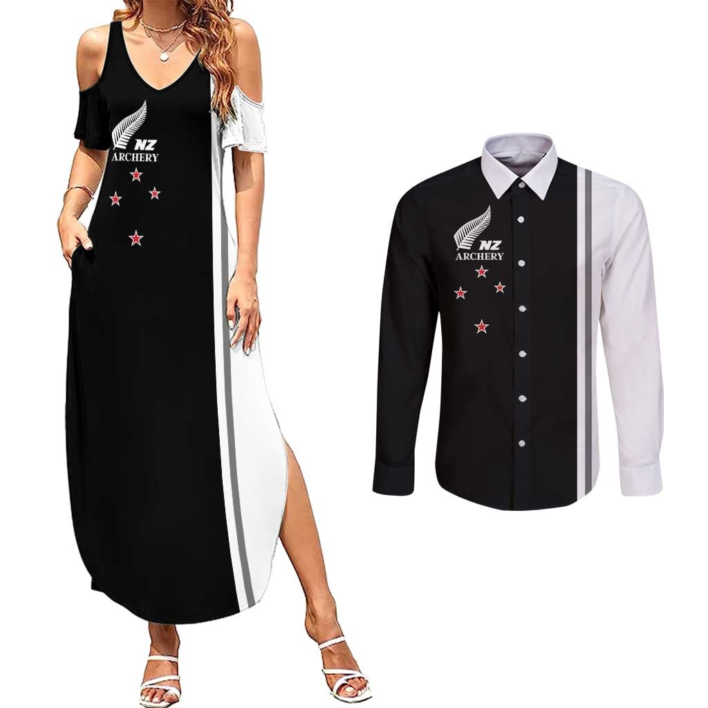 Personalised New Zealand 2025 Archery Basic Couples Matching Summer Maxi Dress and Long Sleeve Button Shirt Archery NZ