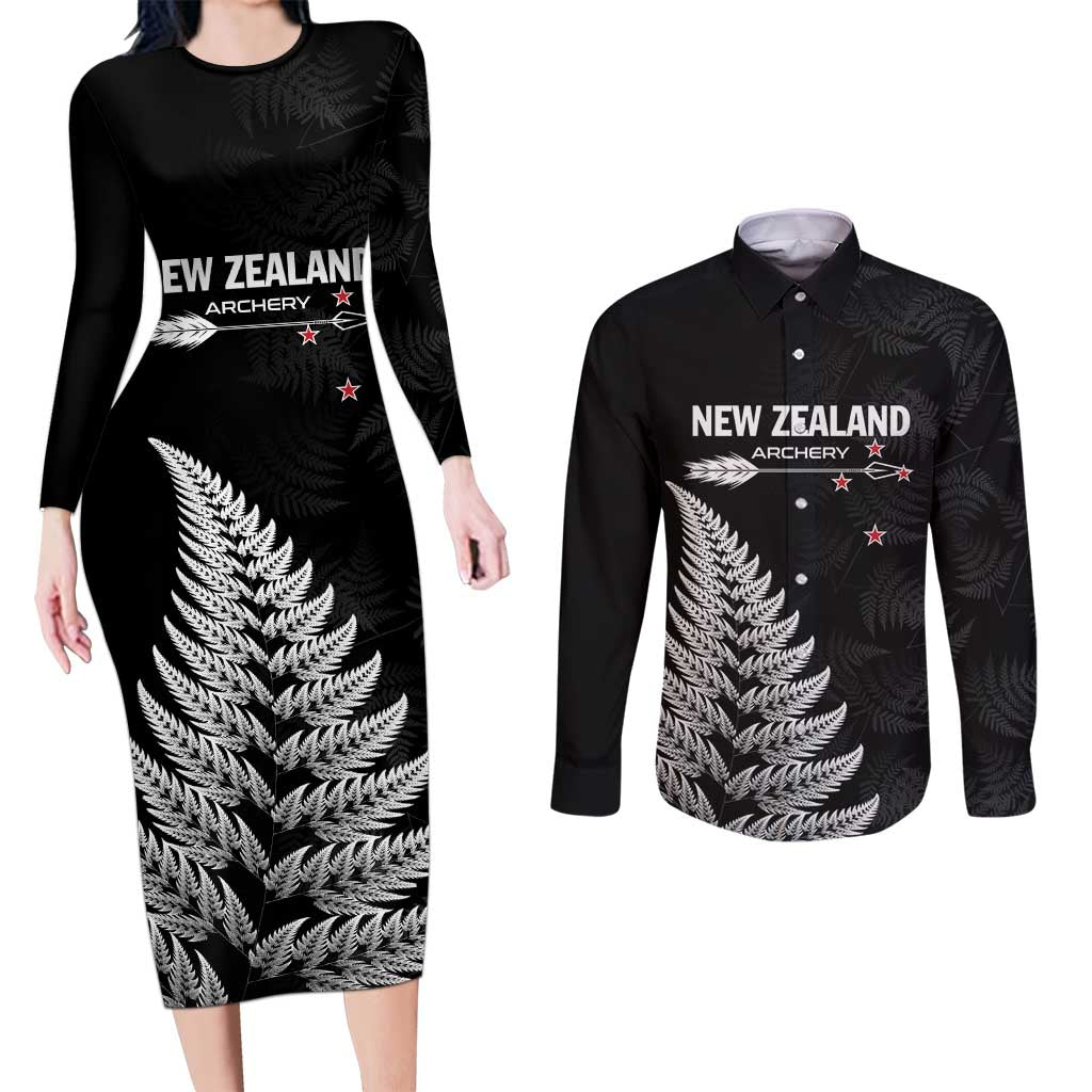 Personalised New Zealand 2025 Archery Couples Matching Long Sleeve Bodycon Dress and Long Sleeve Button Shirt Aotearoa Silver Arrows Black
