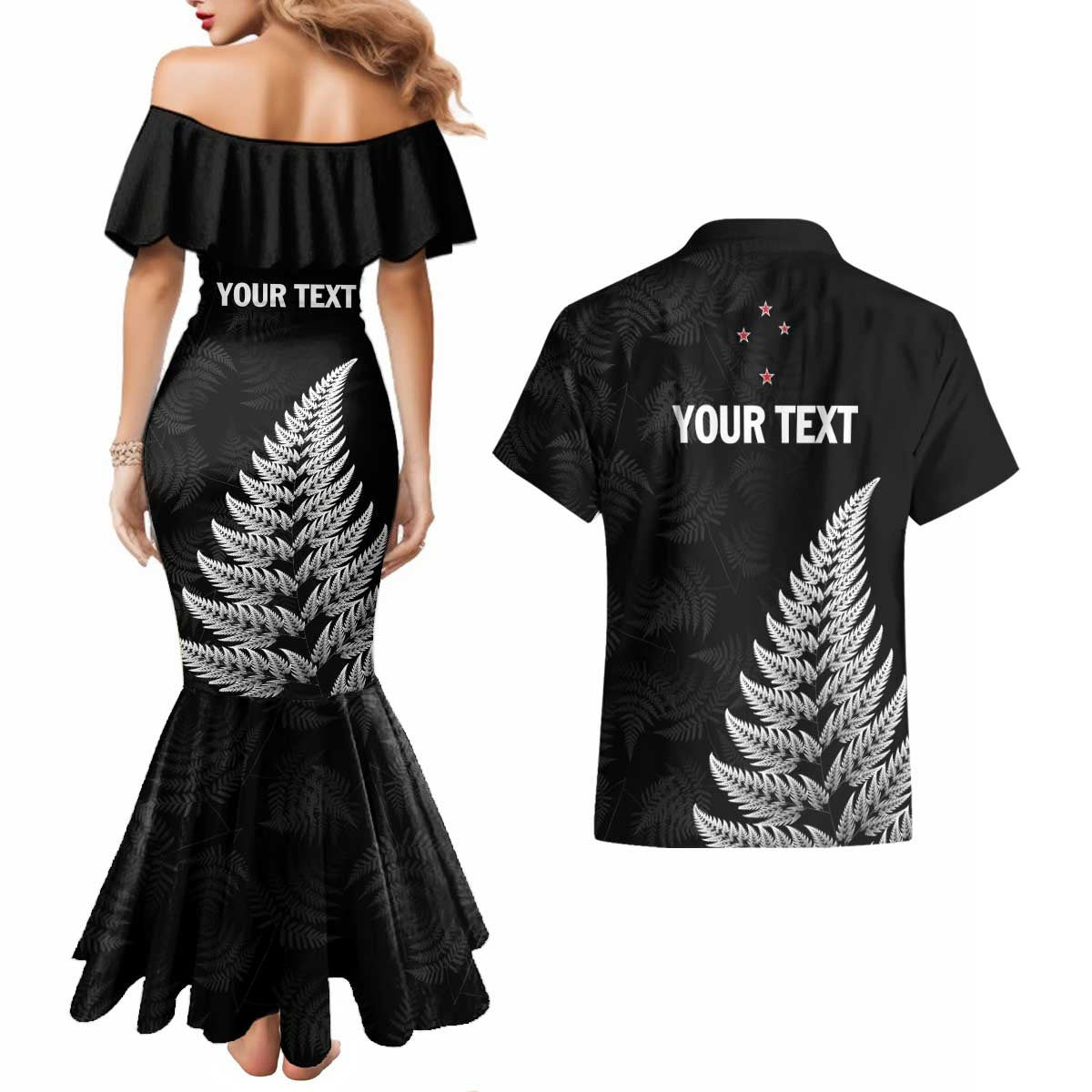 Personalised New Zealand 2025 Archery Couples Matching Mermaid Dress and Hawaiian Shirt Aotearoa Silver Arrows Black LT01 - Polynesian Pride