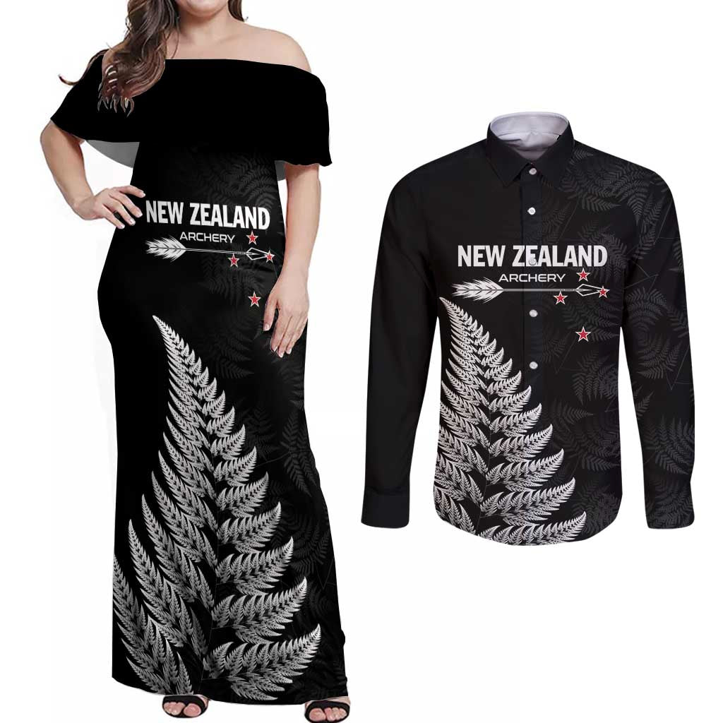 Personalised New Zealand 2025 Archery Couples Matching Off Shoulder Maxi Dress and Long Sleeve Button Shirt Aotearoa Silver Arrows Black