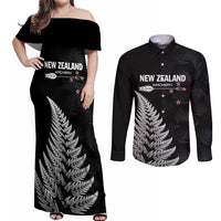 Personalised New Zealand 2025 Archery Couples Matching Off Shoulder Maxi Dress and Long Sleeve Button Shirt Aotearoa Silver Arrows Black