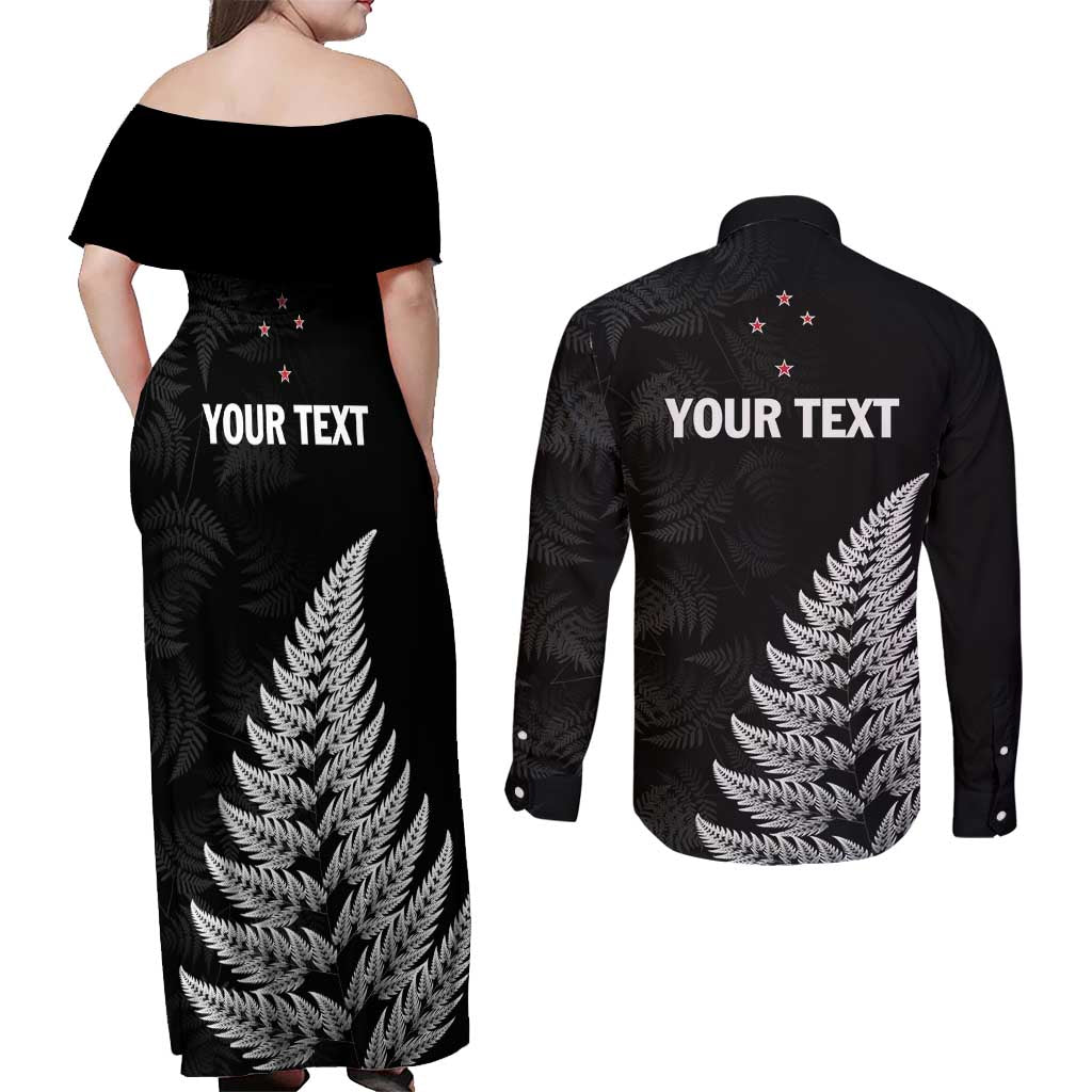 Personalised New Zealand 2025 Archery Couples Matching Off Shoulder Maxi Dress and Long Sleeve Button Shirt Aotearoa Silver Arrows Black