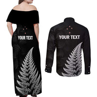 Personalised New Zealand 2025 Archery Couples Matching Off Shoulder Maxi Dress and Long Sleeve Button Shirt Aotearoa Silver Arrows Black