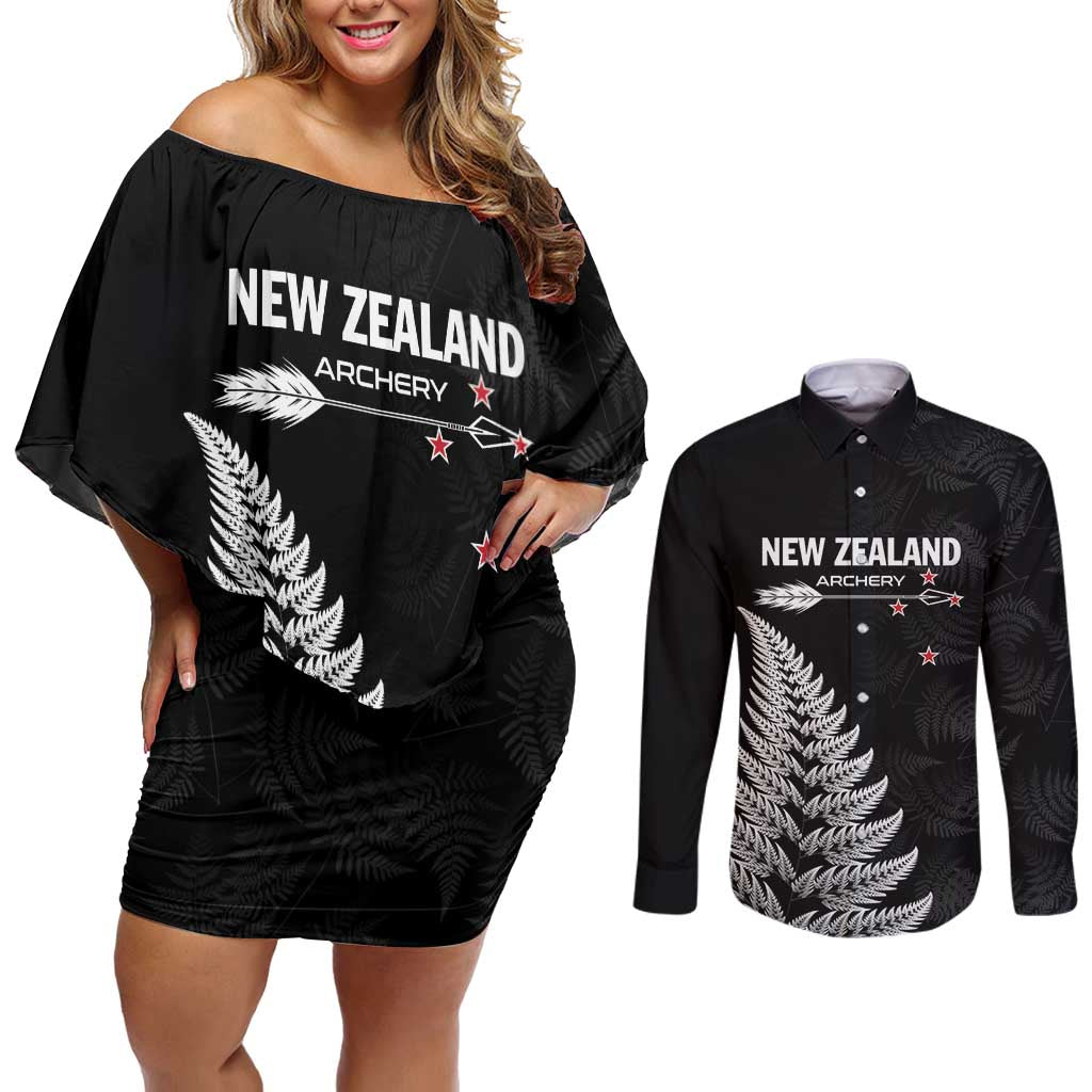 Personalised New Zealand 2025 Archery Couples Matching Off Shoulder Short Dress and Long Sleeve Button Shirt Aotearoa Silver Arrows Black