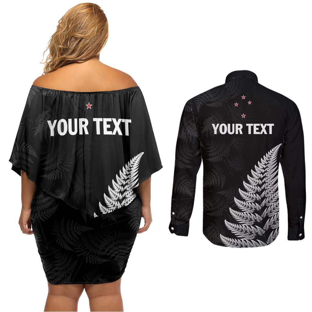 Personalised New Zealand 2025 Archery Couples Matching Off Shoulder Short Dress and Long Sleeve Button Shirt Aotearoa Silver Arrows Black