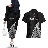 Personalised New Zealand 2025 Archery Couples Matching Off The Shoulder Long Sleeve Dress and Hawaiian Shirt Aotearoa Silver Arrows Black LT01 - Polynesian Pride