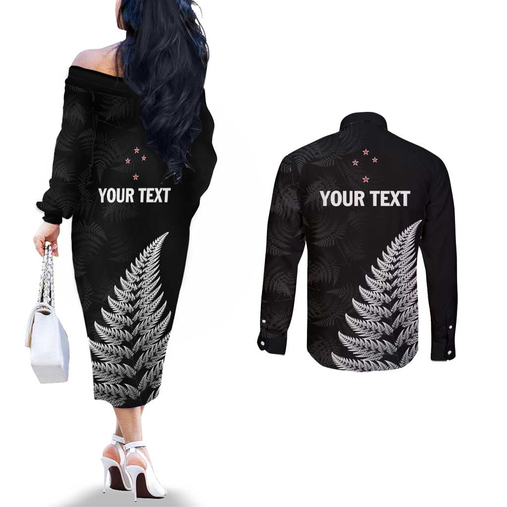 Personalised New Zealand 2025 Archery Couples Matching Off The Shoulder Long Sleeve Dress and Long Sleeve Button Shirt Aotearoa Silver Arrows Black LT01 - Polynesian Pride